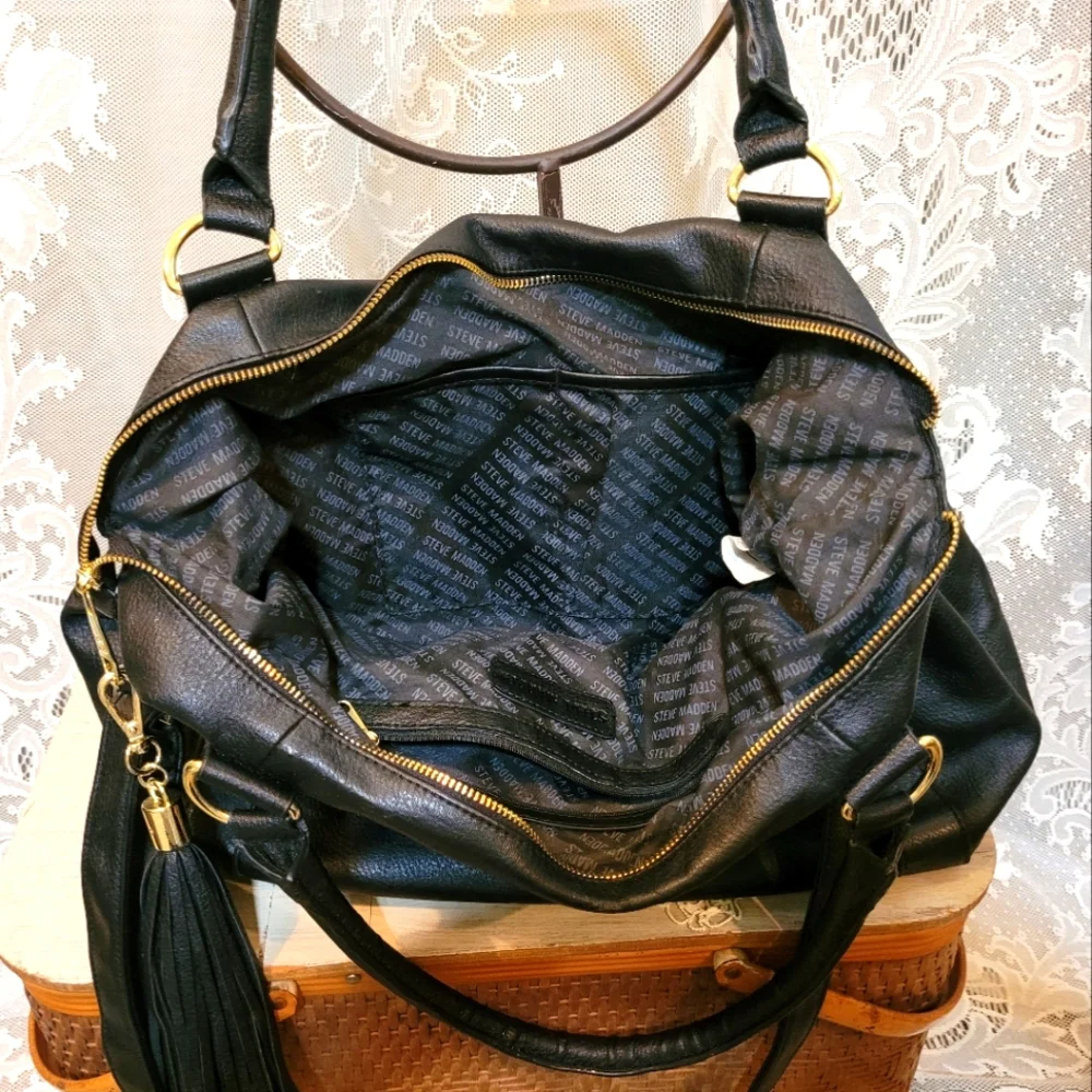 Steve Madden Large Black Leather Tote With Tassels - Picture 10 of 12